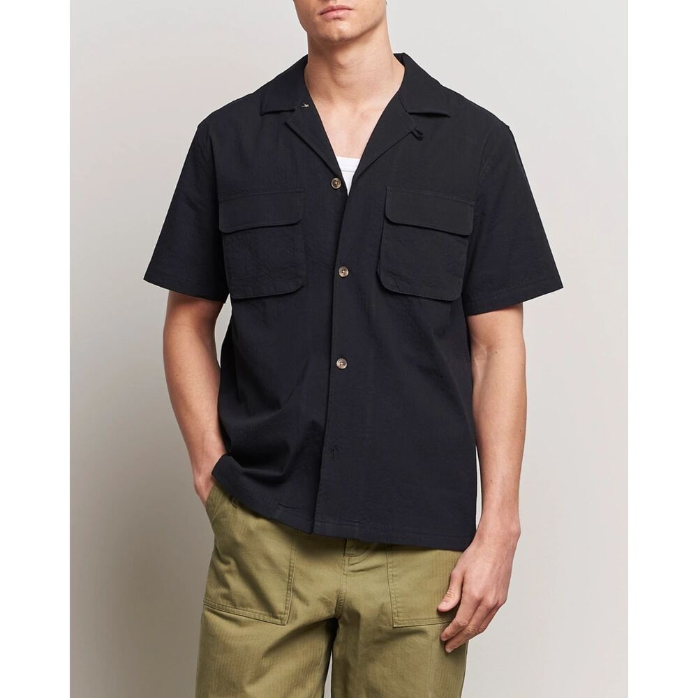 LES DEUX Shirt Mens Small Black Button Up Seersucker Double Pocket OSMUND $139